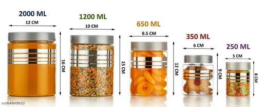 Premium silver plastic dry fruit jars, airtight containers in 3 sizes: 250ml, 350ml, 650ml, 1200ml, and 2000ml, for grocery storage (pack of 20)