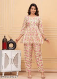 Rayon printed flared night suit with three-quarter sleeves, Indian-inspired design for comfortable sleepwear