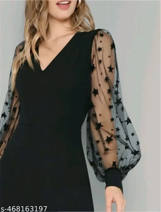 Black lycra V-neck jumpsuit with sheer starprint sleeves, perfect for parties and special occasions