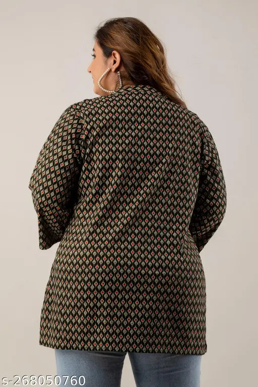 Plus size rayon top, three-quarter sleeves, printed net pattern. Stylish plus size clothing from India