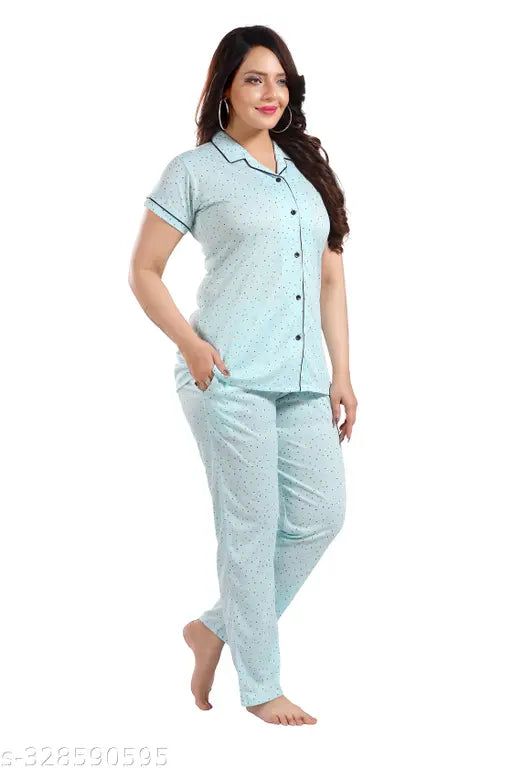 Cotton print nightsuit set for women, summer nightwear in hosiery fabric. Comes as a pack of 1 with sizes S-XXL. Made in India