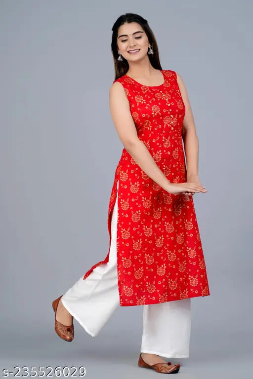 Rayon gold print Jaipuri sleeveless kurta and palazzo set, vibrant Indian attire for women in a variety of sizes