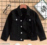 Black denim jacket for kids, dyed/washed pattern, long sleeves, sizes 9-10, 10-11, 12-13 years