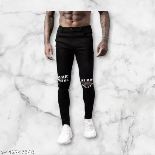 Black cotton men's jeans with placement print, net quantity 1 (size 28/30/32), Indian origin