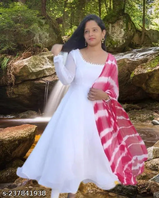 Trendy white georgette jumping gown with digital printed dupatta, ideal for casual or festive wear