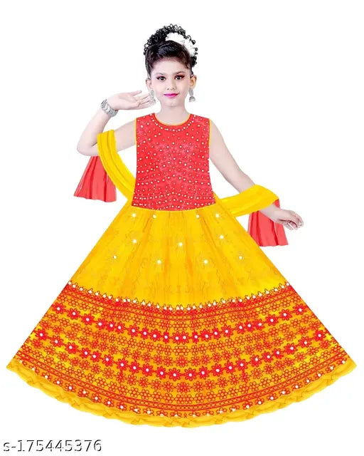 Peach acrylic lehenga set with checked aari work and net dupatta, vibrant ethnic wear for girls aged 4-5 years