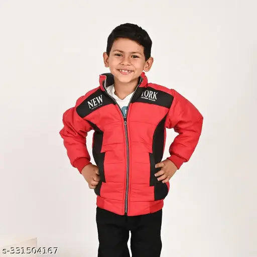 Boys Red Polyester Trandy Jacket: Self-designed, comfortable 100% polyester jacket for boys. Perfect winterwear with safe silicone zipper pull and dinosaur print. Suitable for babies aged 0-3 years. Made in India