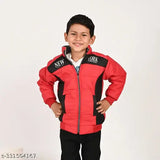 Boys Red Polyester Trandy Jacket: Self-designed, comfortable 100% polyester jacket for boys. Perfect winterwear with safe silicone zipper pull and dinosaur print. Suitable for babies aged 0-3 years. Made in India