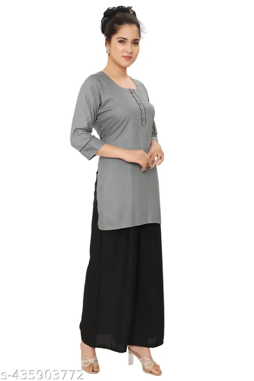 Rayon short kurti and palazzo set, pack of 2 with printed net pattern, all sizes available from M to XXL. Indian ethnic wear for women