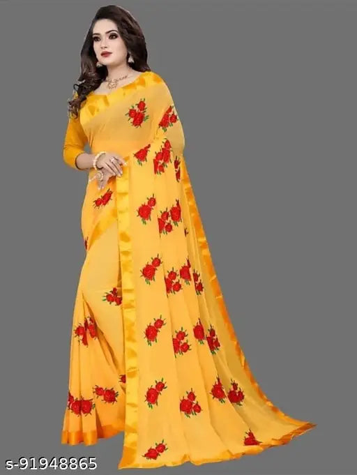 Yellow Georgette saree with solid net blouse and diamond embroidery, Indian traditional attire on mannequin