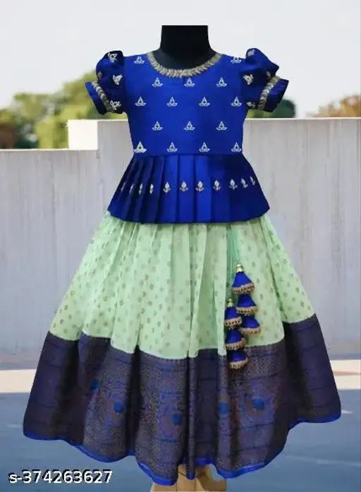 Soft silk choli with cotton lehenga for agile elegant kids, embroidered Zari stitch patterns on display. Quantity: N 1. Sizes: 12-18M, 18-24M, 1-2Y, 2-3Y, 3-4Y, 4-5Y, 5-6Y, 6-7Y, 7-8Y, 8-9Y, 9-10Y, 10-11Y, 11-12Y, 12-13Y, 13-14Y, 14-15Y. Origin: India