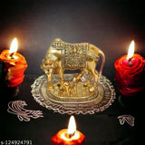 Gold-painted Kamadhenu Cow statue, hand-painted polyresin figure of Laxmi Marble, 20cm x 9cm x 15cm size, export quality Indian artifact