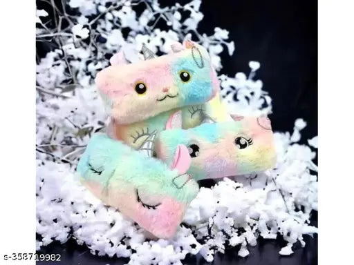 Polyester fur pouch with unicorn eraser, ideal for school kids, solid-colored, compact, secure closure, adjustable strap, vibrant design