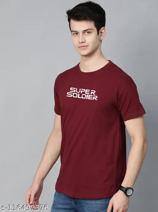 Maroon cotton London Crew Super Soldier printed men's t-shirt, 100% organic, half sleeve for gym style