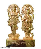 Metal Laxmi Ganesha Pujan Set, auspicious Indian art statue for car dashboard or home decor, 10cm tall by 7cm wide. Handcrafted in India