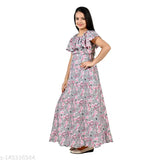 Pink printed crepe long dress for 10-12 years old, off-shoulder/in-shoulder fit and flare style, fashionable full length gown