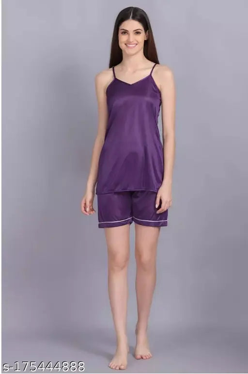 Flimsy satin nightsuit for women & girls, sleeveless, elastic waist, adjustable shoulder strap. India-made loungewear set