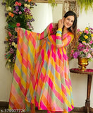 Multicolor pink Leriya printed Georgette festive wear gown with dupatta set, three-quarter sleeves, traditional Indian wedding wear
