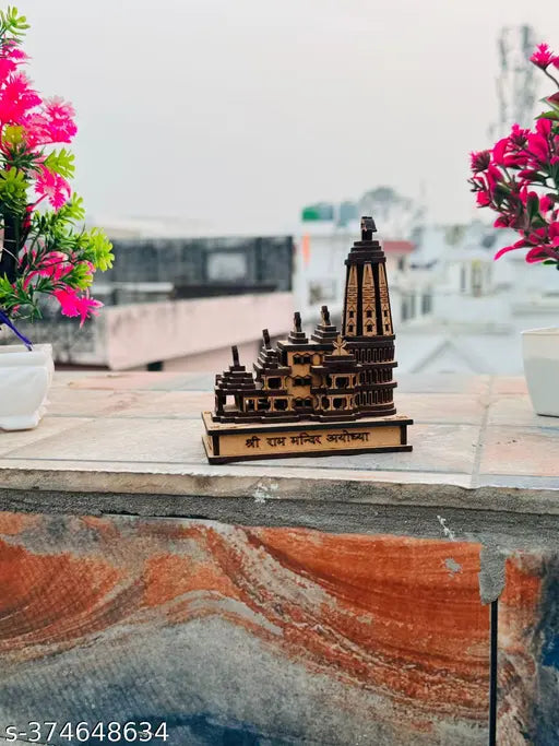 Wooden small Ram Mandir, ideal for home decor and pooja. Brown, Indian-made temple for gift or showpiece. Dimensions: 5cm (L) x 9cm (B) x 11cm (H)