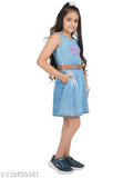 Denim flare dress, blue, cotton blend, printed net, 3-16 years, versatile, machine washable, round neck, regular fit, stylish, comfortable