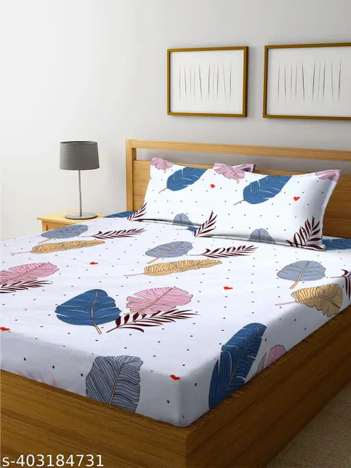 Cotton botanical-print, superfine fitted elastic double bedsheet (78x72) with 2 pillow covers (18x28), ideal for summer adult use