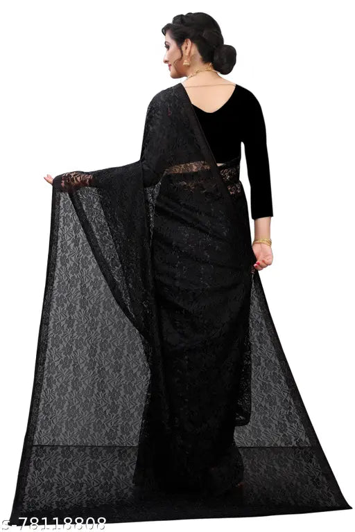 Black net saree Bollywood-style with matching blouse, self-designed pattern and free size, perfect for festivals. Made from PSC.fashion net jacquard fabric, comfortable and suitable for casual wear. Origin: India (123 characters)