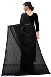 Black net saree Bollywood-style with matching blouse, self-designed pattern and free size, perfect for festivals. Made from PSC.fashion net jacquard fabric, comfortable and suitable for casual wear. Origin: India (123 characters)