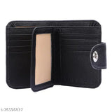 Black PU leather wallet for men and women, textured design with 5 card slots, regular size (11cm x 9cm), features 2 hidden pockets, 2 cash compartments, and 2 ID windows. Made in India
