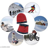 Maroon textured woolen beanie cap with neck warmer-scarf, premium quality for winter, unisex style, snow proof, soft fur fabric