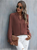 Brown polyester long sleeve solid V-neck tops and tunics for women, Prettify brand