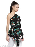 Black floral one-shoulder crepe top on hanger, printed net pattern, long sleeves, polyester fabric