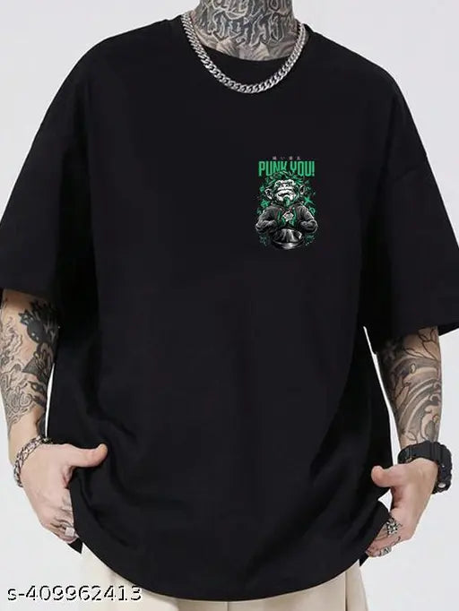 Black cotton blend oversize punk anime t-shirt, men's style with short sleeves and comfortable soft feel