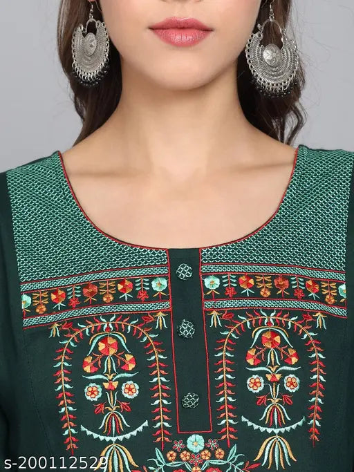 Dark green rayon embroidery kurta set with palazzos, Indian women's fashion