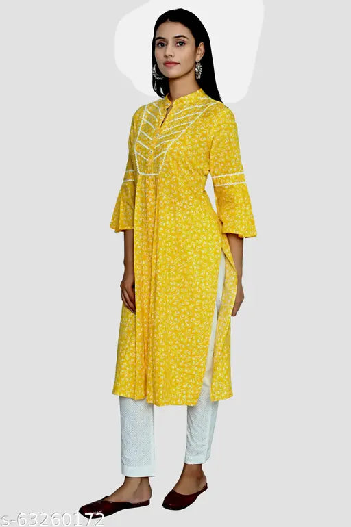 Yellow cotton Kannahi A-line kurta with ethnic motif, three-quarter sleeves, Indian Jaipuri print