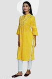 Yellow cotton Kannahi A-line kurta with ethnic motif, three-quarter sleeves, Indian Jaipuri print