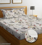 Glace cotton double bed elastic fitted sheet with beige floral print and 2 king size pillow covers, high-quality and wrinkle-resistant