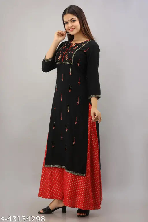 Trendy rayon kurta set with palazzos, three-quarter sleeves, embroidered net design - Indian ethnic fashion