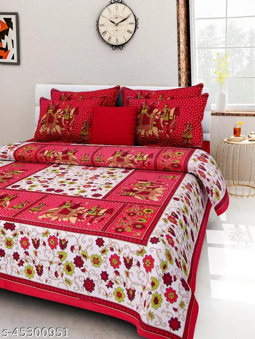 Jaipuri cotton bedsheet combo pack, 2 double queen sets with 4 pillow covers, Indian-inspired pattern, fine quality for adults