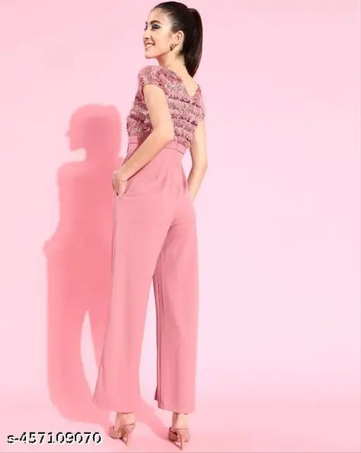 Pink embellished net Lycra jumpsuit with short sleeves, featuring sizes XS, S, L, XL. Made in India