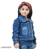 Distressed denim jacket with long sleeves, printed net pattern. ADM GERMENTS girls casual full sleeve jacket, ultrasoft cotton fleece lining for comfort and style. Perfect for active kids & young adults. Comes in various sizes from 9-12 months to 4-5 years. Made in India
