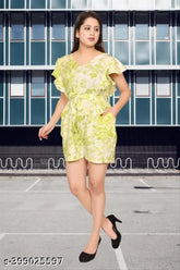 Ladik Way Light Green Printed Short Jumpsuit, belted, V-neck, side pocket, back zip closure. Premium rayon fabric for comfort and style. Women's and girls' fashion essential