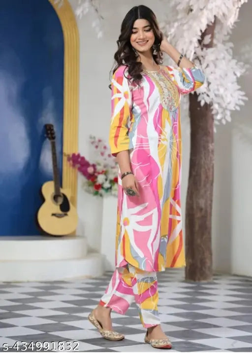 Rayon printed kurta with palazzos, colorful and country-printed, high-quality Indian ethnic wear for women