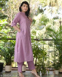 Striped pink embroidered cotton kurta with rayon palazzo set for women, single size M-XXL