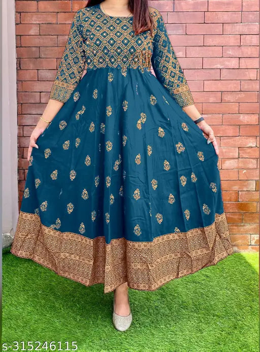 Classic rayon anarkali kurti, three-quarter sleeves, printed, women's festive wear. Kurti with matching palazzo set for women, Indian origin