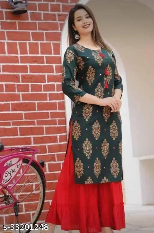 Attractive rayon women's printed kurta sharara set with traditional aesthetic, India origin