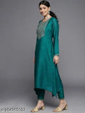 Teal green Vichitra silk kurta, full-sleeve, round neckline, intricate embroidery, suitable for light festivities