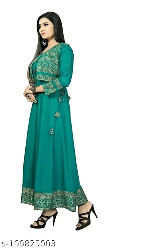 Green rayon Anarkali kurti with designer printed jacket, three-quarter sleeves, border print, 4XL (bust size 48 in) - contemporary Indian women's fashion