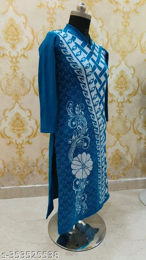 Fancy blue woolen kurti with long sleeves, intricate print design. S - bust 36", "size length 40