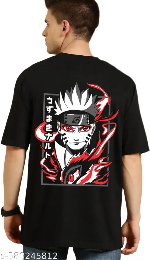 Black oversized cotton half sleeve T-shirt with printed design, men's fashion clothing