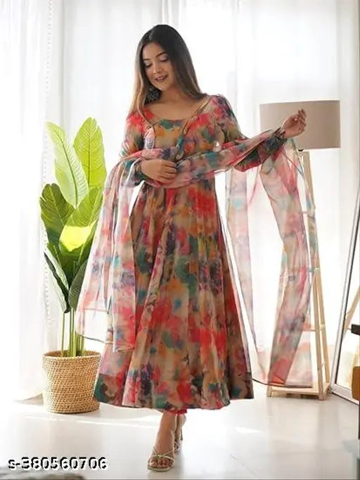 Pink Georgette Kurta with Dupatta, three-quarter sleeves, ankle length. Indian print stitched set. Single size available in S, M, L, XL, XXL